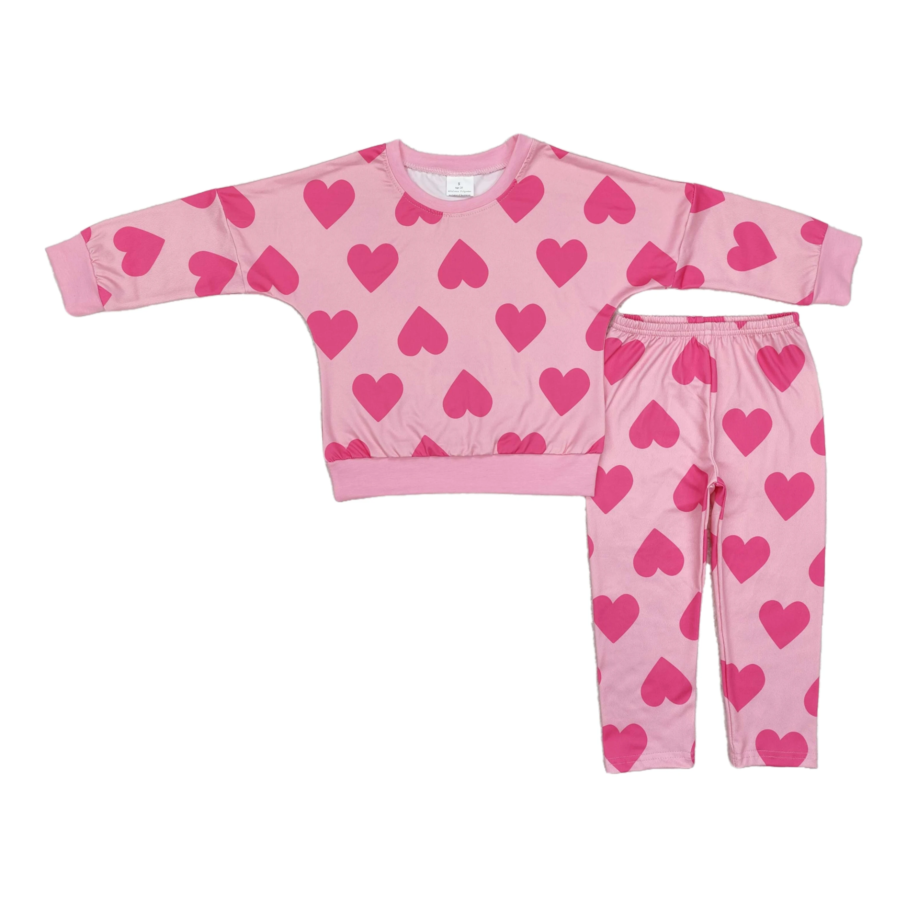 

Baby Girl Long Sleeves Hearts Lace Tunic Kids Pink Cotton Leggings Pants Children Set Children Valentine's Day Outfit Wholesale