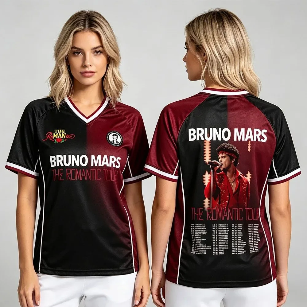 Bruno Mars The Romantic Tour 26-27 Soccer Jersey Unisex Men Women V Neck Short Sleeve Music Tour 3D Breathable T-shirts Fans