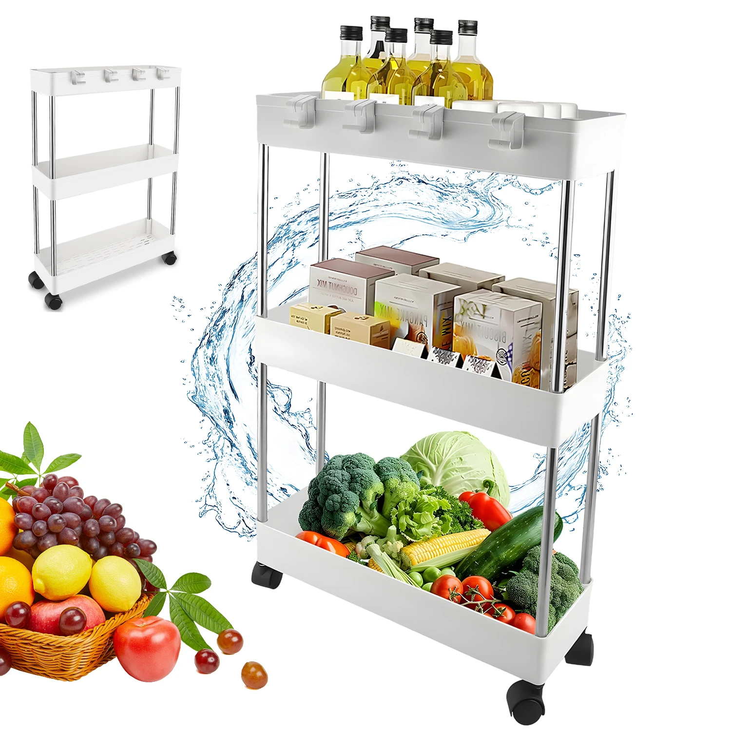 Chariot utilitaire à roulettes Slim Gap, organisateur de rangement à 3 niveaux avec 4 roues et 6 crochets, chariot polyvalent pour salle de bain, cuisine, bureau