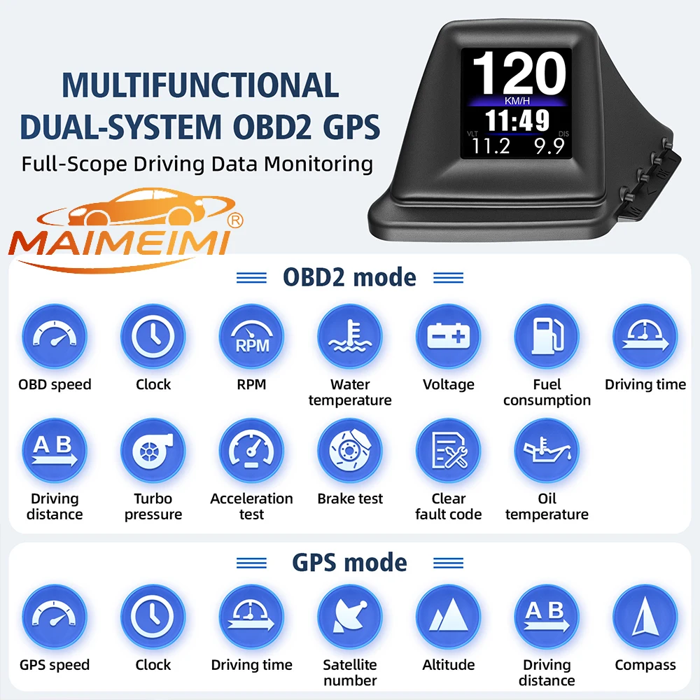 New Multi-function HUD Gadget OBD2+GPS On-board Computer A-pillar Trim Install RPM Turbo Oil Pressure Water Temp GPS Speedometer