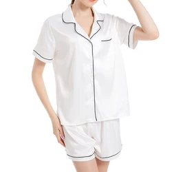 Summer New Fashion Solid Color Satin Pajama Set Women's Flip Tie Button Shirt Top and Elastic Shorts Pajama Set