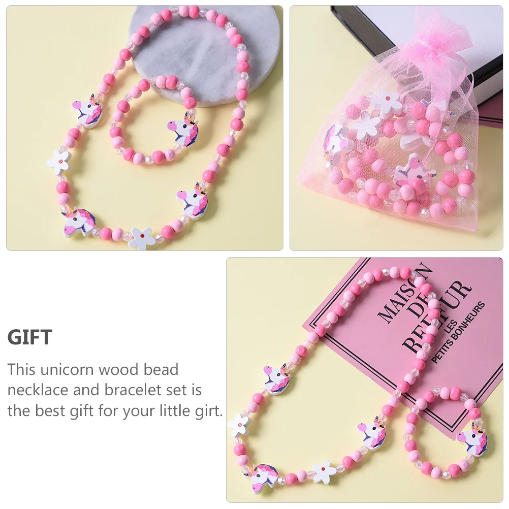Conjunto de collar y pulsera de cuentas para niños, 2 uds., con colgante de unicornio, cuentas de madera de arcoíris, joyería para fiesta de disfraces y Festival
