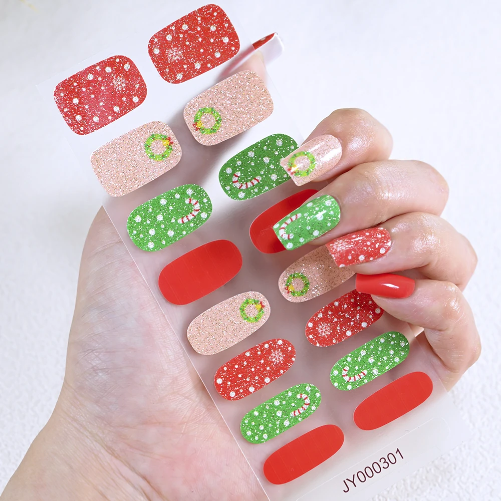 2 Blatt (32 Spitzen) backfreie Glitzer-Weihnachts-Nagelaufkleber, Farbverlauf, Rouge, Elch, Schneeflocken, Weihnachtsbaum, Gel-Nagelaufkleber, DIY-Nagelverpackung