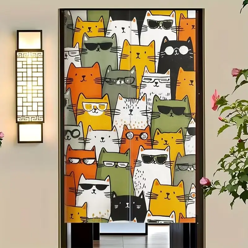 VIKAMA Cat Motif Entryway Curtain Fun Hand Painted Fabric Privacy Screen Glasses Wearing Kittens Washable Cozy Home Decor