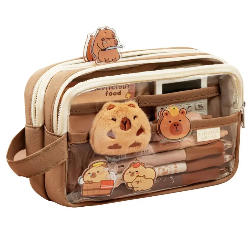 Creative Capybara Pen Case 5 Layers Large Capacity Capybara Pen Holder with Pendant with Front Pocket Zipper Pencil Pouch