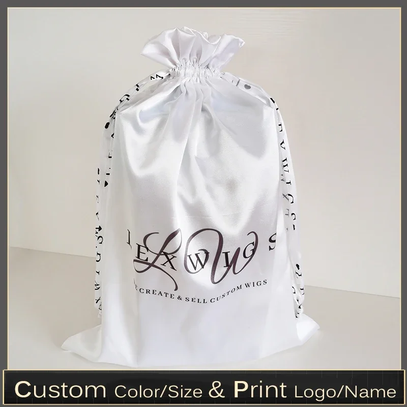 50pcs Custom Silk Satin Hair Extensions Storage Drawstring Bag Shoes Bag Bundles Wigs Packaging Bags Print Logo