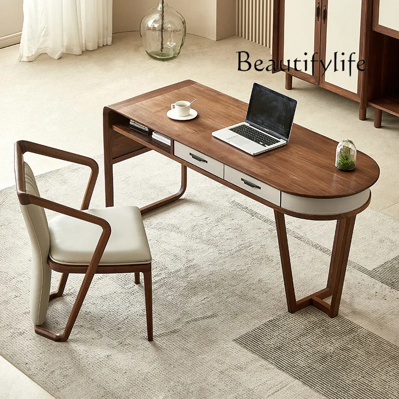 مكتب من الخشب الصلب من خشب الجوز الأسود في أمريكا الشمالية، مكتب كتابة مخصص للدراسة المنزلية من الجلد الإيطالي #2