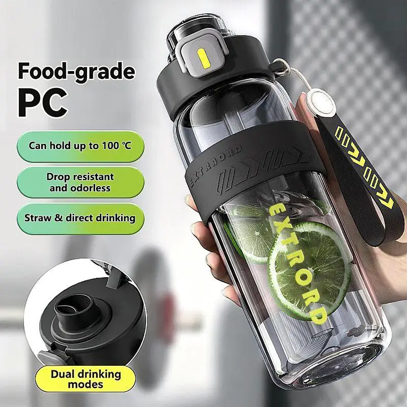 Sports Water Bottle with Straw 800/1100ml Leakproof Heat Resistant Portable for Running Cycling Office School Travel