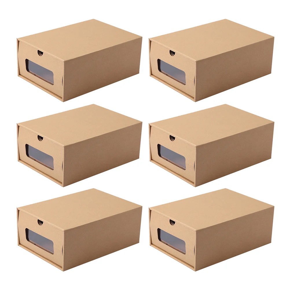 

6pcs Paper Drawer Shoebox Transparent Shoebox Shoe Case Drawer-style Shoes Box Window Shoes Storage Container for Home (Khaki Wo