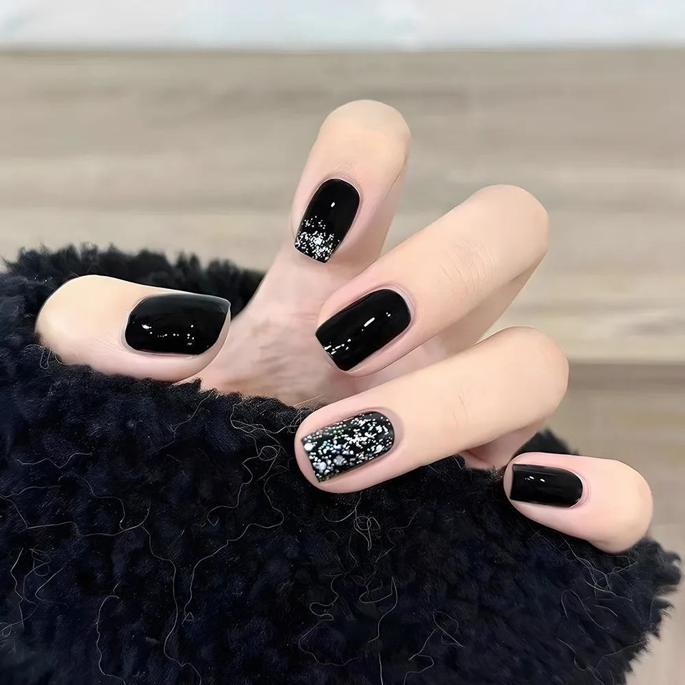 24Pcs Mid-length Square Press on Nails Tips Black French Shiny Powder Fake Nails Rhinestone Wearable Full Cover False Nails Art