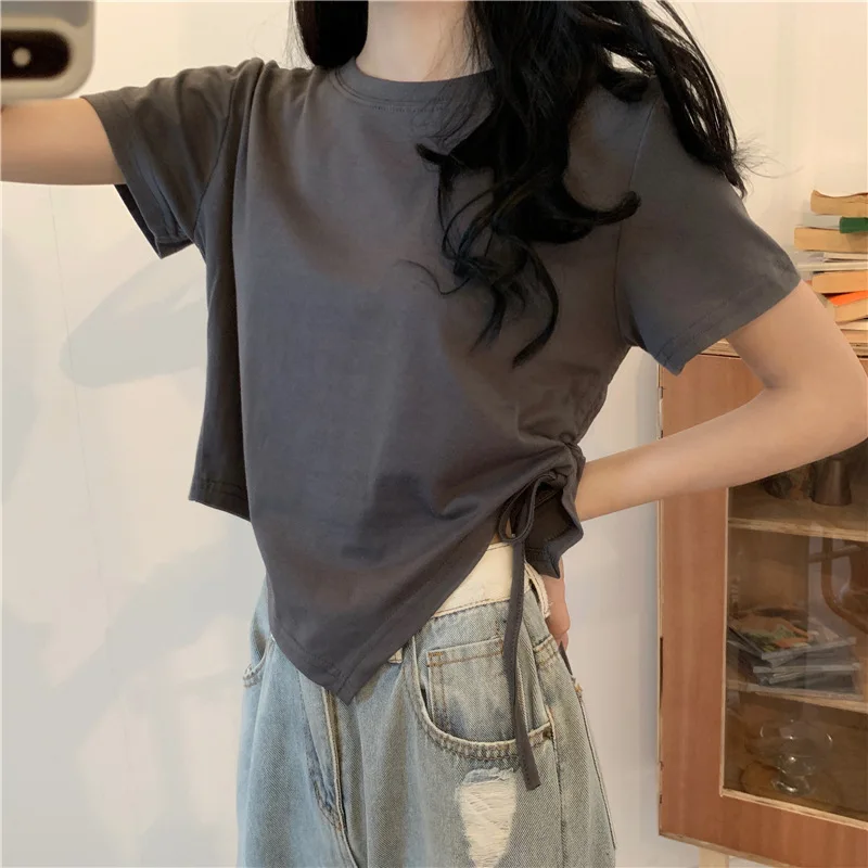 Slit Bandage V Neck Sexy Crop Top Women Korean Casual Summer New Short Sleeve T-shirt Y2K Streetwear Trendy Top for Women