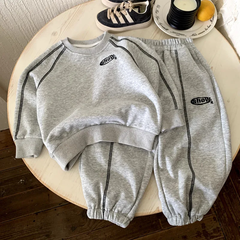 

Boys Set 2025 Autumn Spring Korean Style Kids Clothes Sporty Casual Style Versatile Trendy Gray Solid Color Two-Piece Set