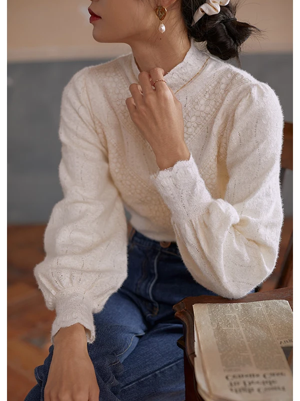 French Sle Fce Forro Base de encaje irt Mujer Faionable f Cuello alto Ropa interior Top Corte recto Largo Sve irt