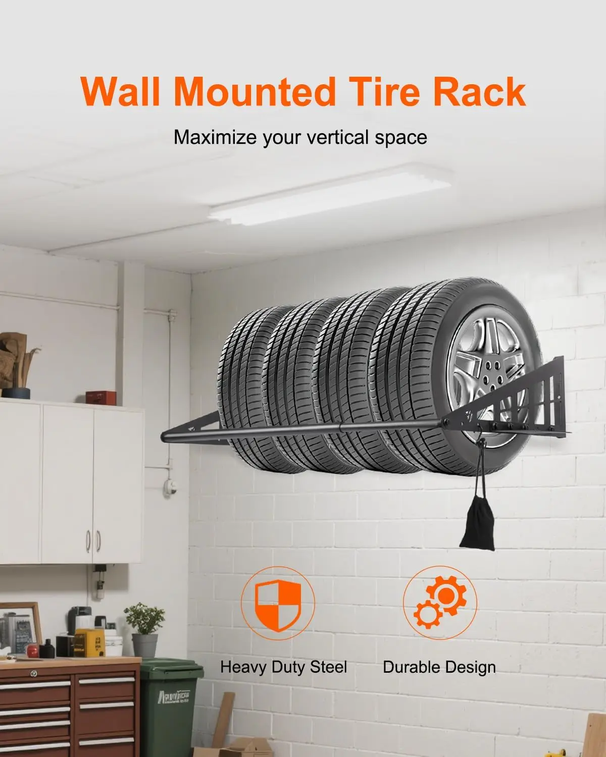 Support mural réglable pour pneus, rangement en acier robuste pour garage, convient à 31 à 56 pouces de large, capacité de 400 lb