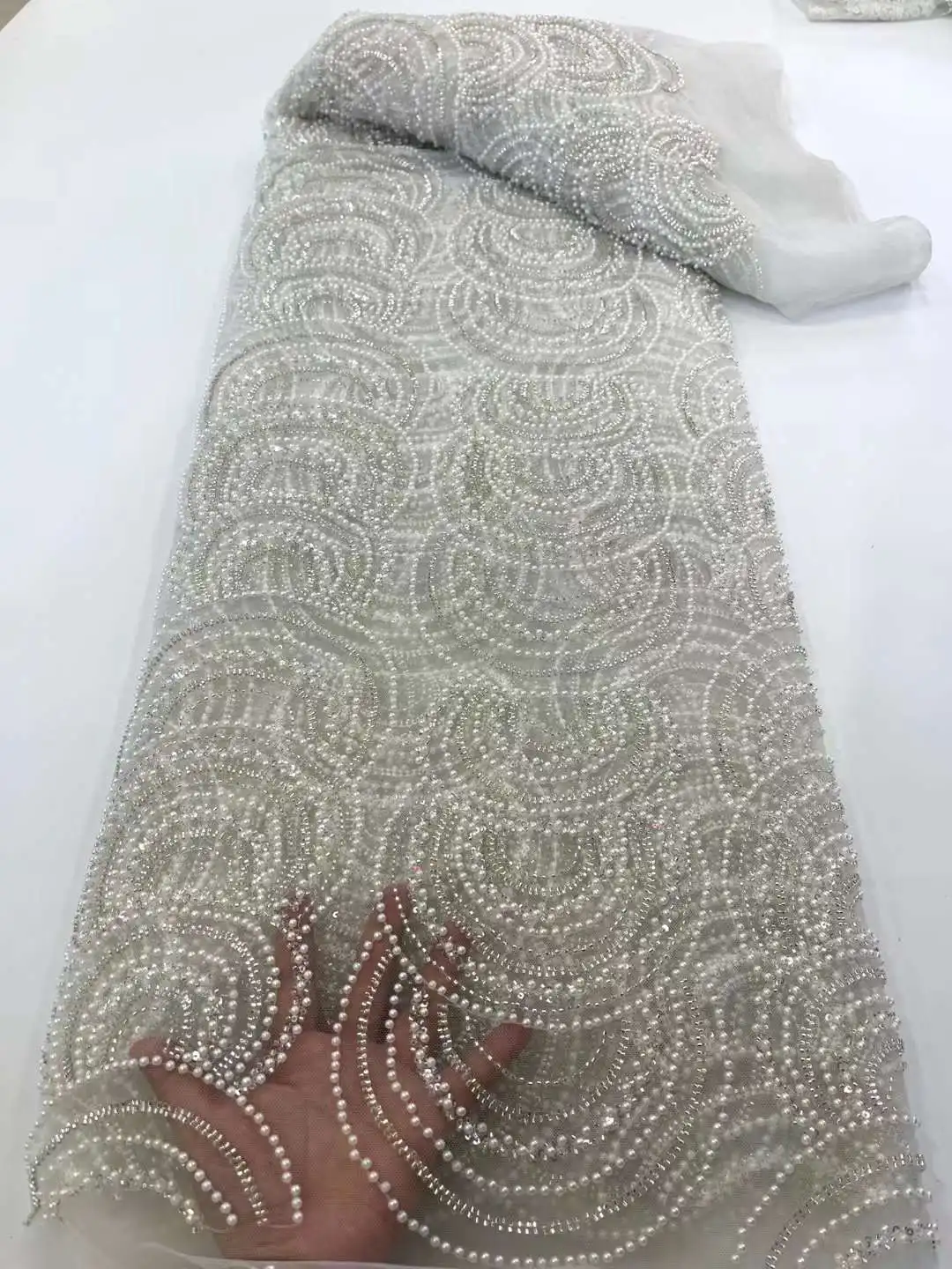 Top Quality New Arrival  French Nigerian Shinny Sequins Beads Lace Fabric 21-63003 Embroidered Lady Show or Party Dress