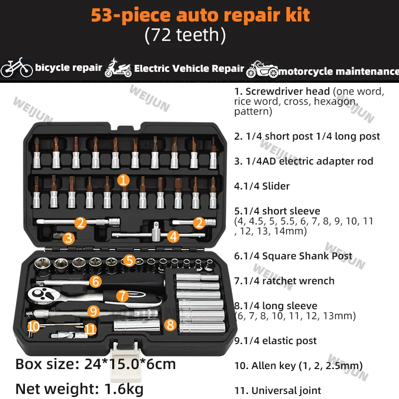 

53PCS Car Repair Tool Set Socket Kit combination Tool Ratchet Torque Wrench Metalworking Tool Kit Professional Complete Toolbox