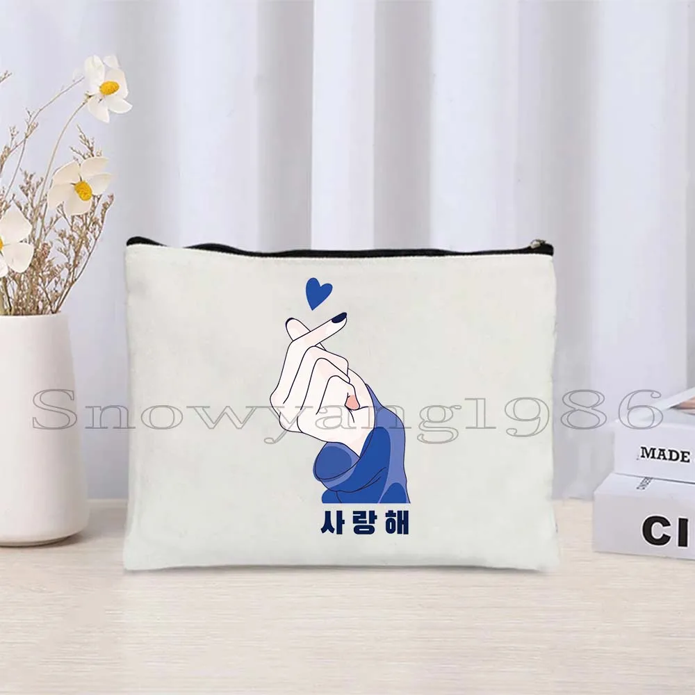 

K-pop Hand Korean Fingerheart Kpop Finger Heart Saranghae Canvas Cosmetic Bag Makeup Lipstick Travel Storage Pouch Pencil Case