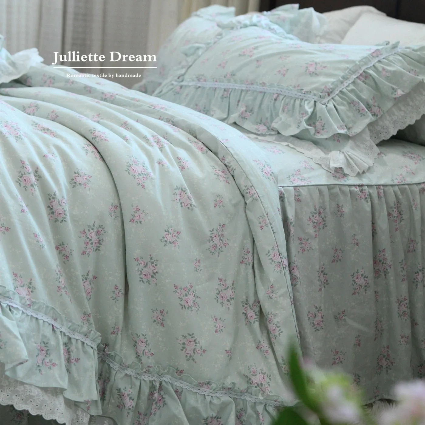 New Rose Print Princess Lace Bedding Set 100% Cotton Ruffled Bed Skirt Duvet Cover Set 4Pcs Luxury Romantic Home Textile Linens