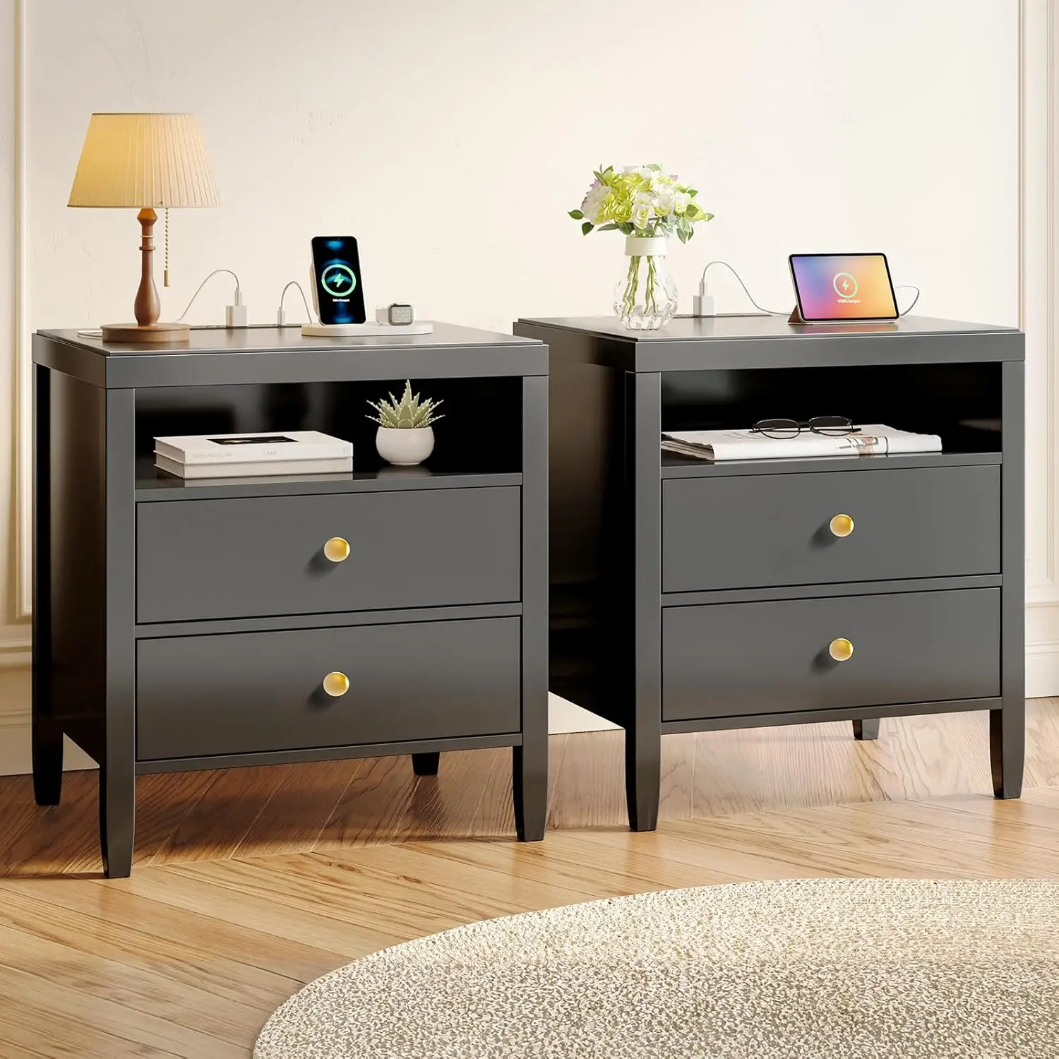 

Black Nightstand Set of 2, Bedside Tables with 2 Drawers, Modern Metal Knob, Painted Finish