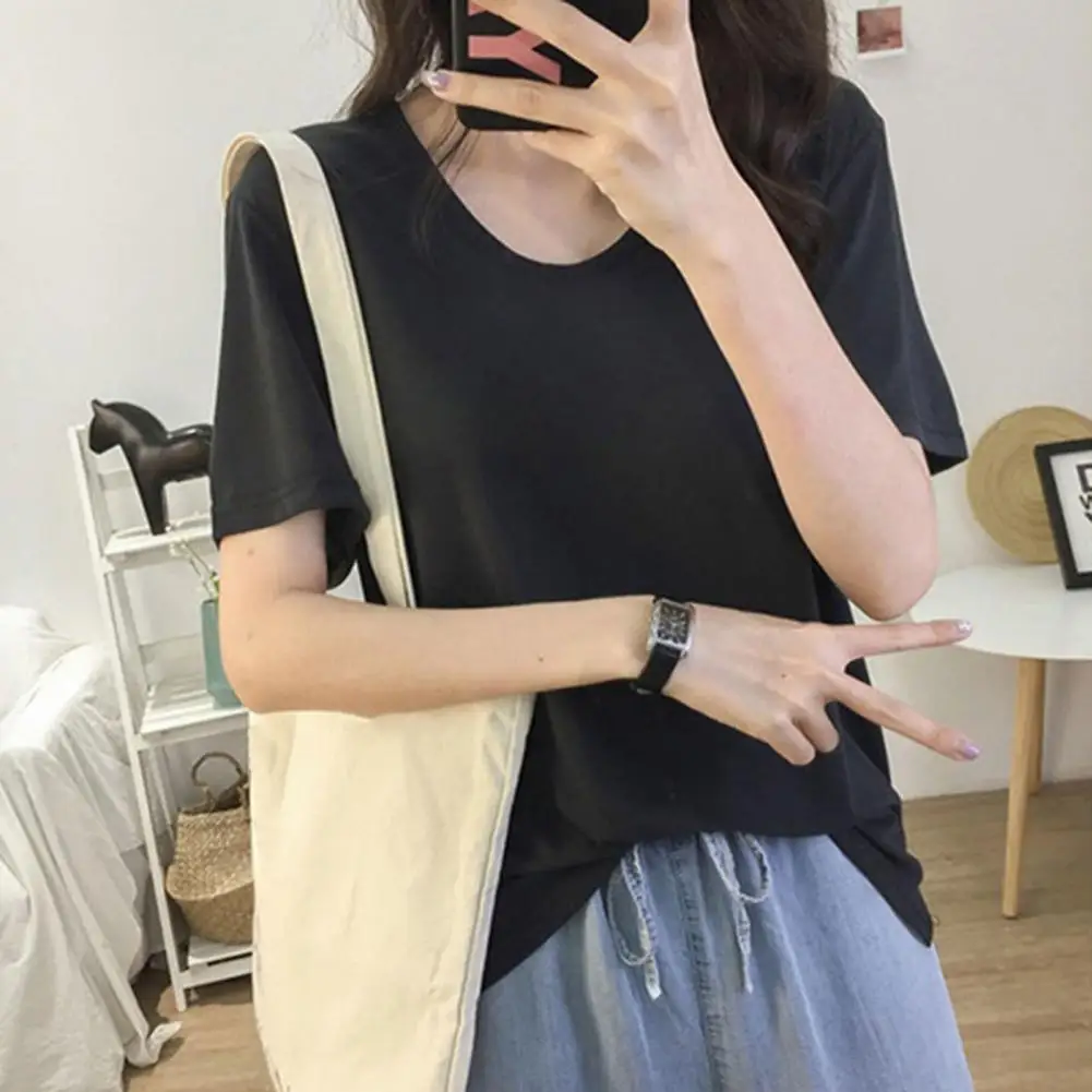 

Women T-shirt Stylish Women's V-neck T-shirt Collection Summer Short Sleeve Loose Fit Tops for Daily Wear Solid Color Side Slit