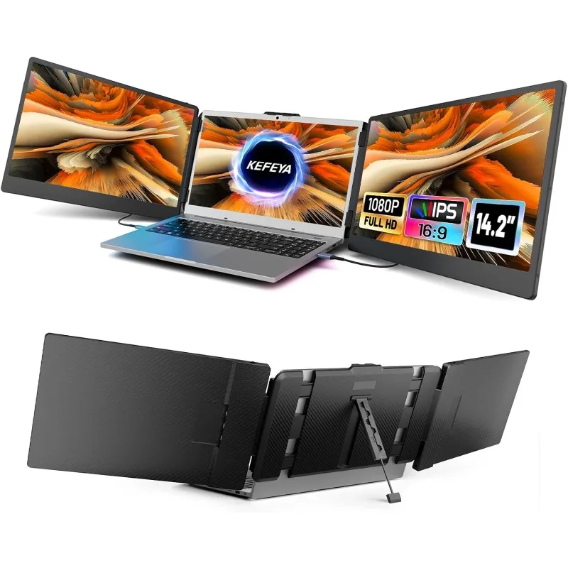 Portable Triple Monitor for Laptop with Full HD IPS Display, Laptop Extended Monitor Compatible with Mac, Windows