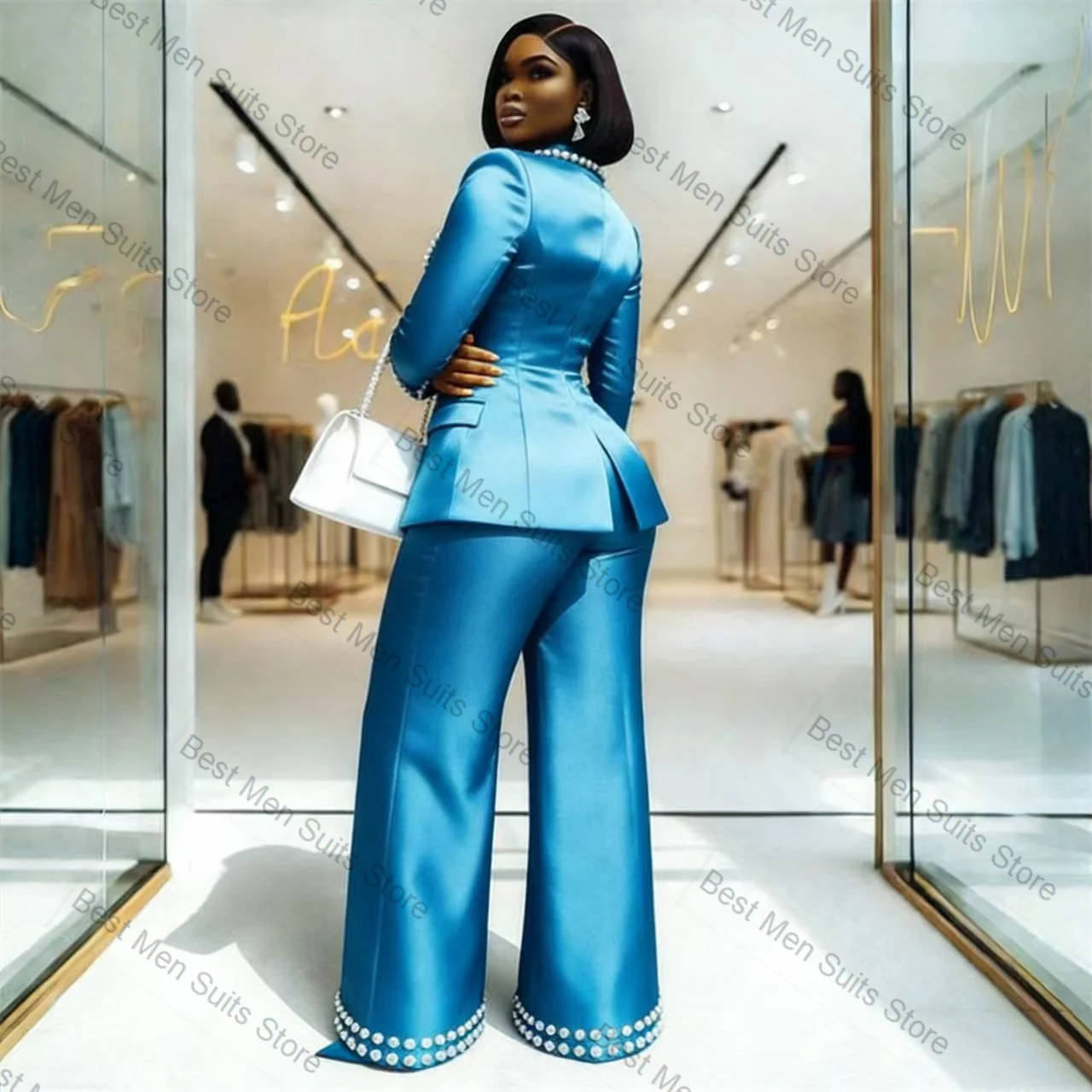 

Blue Satin Women Suit Set 2 Pcs Blazer Pants Trousers White Lace Formal Office Jacket Customized Wedding Tuxedo Guest Coat