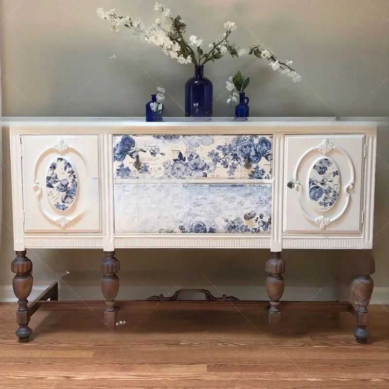 French retro solid wood carving flower entrance cabinet living room painted decorative cabinet locker dining side cabinet white