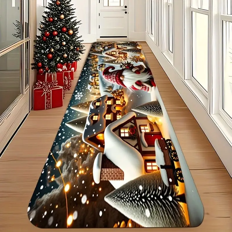 VIKAMA Christmas Runner Rug Gnome Winter Village Snow Print Non Slip Washable Mat Hallway Entryway Winter Festive Decor