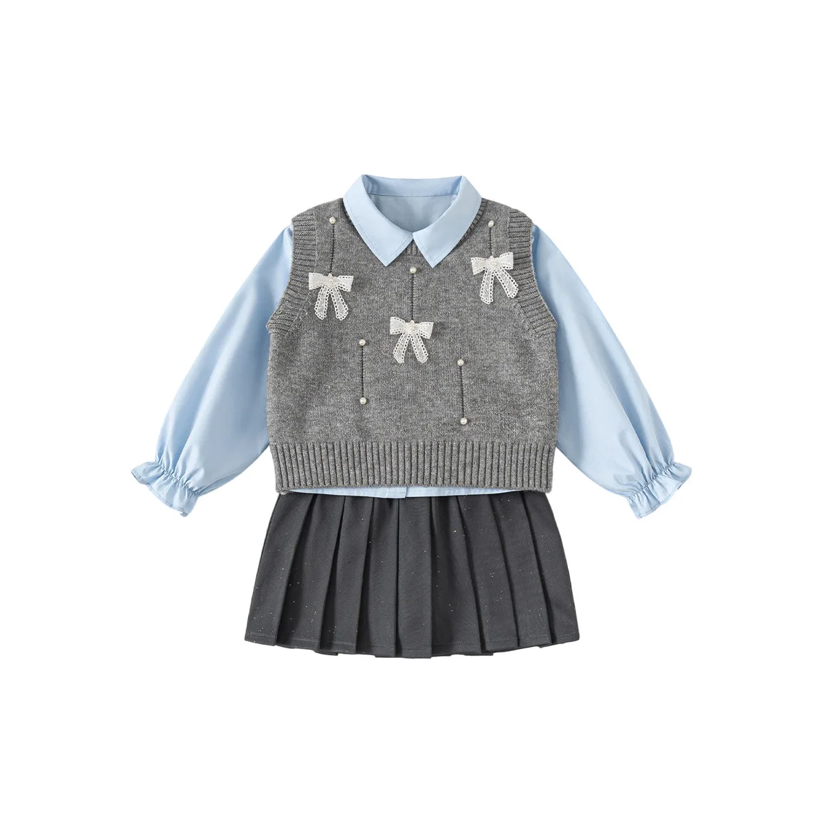 Suit New Girls' Long Sleeved Shirt Bow Tie Vest Pleated Skirt Three-piece Set Preppy Style Trendy Fashion