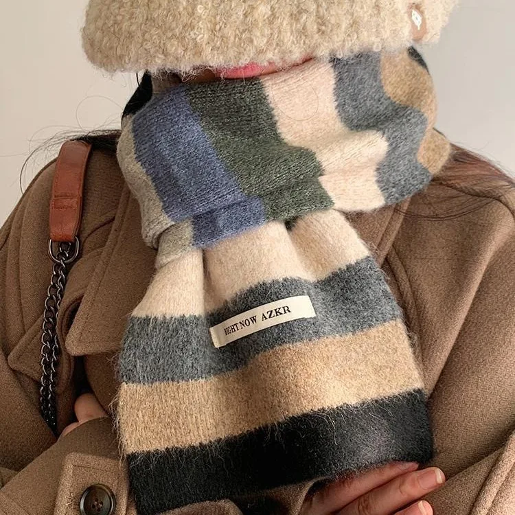 قوس قزح مخطط الموهير وشاح المرأة الشتاء نسخة اللون منعت مخطط الصوف وشاح قصير طالب وشاح قصير دافئ 4w979