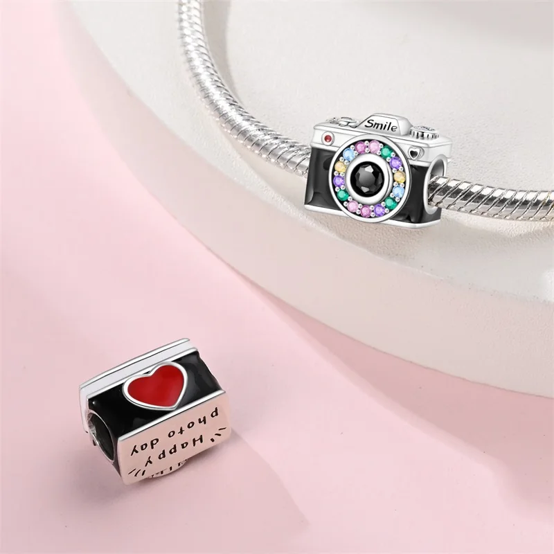 2026 New 925 Sterling Silver Romantic Travel Color Diamond Airplane Camera Charms Beads Fit 3mm Bracelet DIY Women Jewelry Gifts