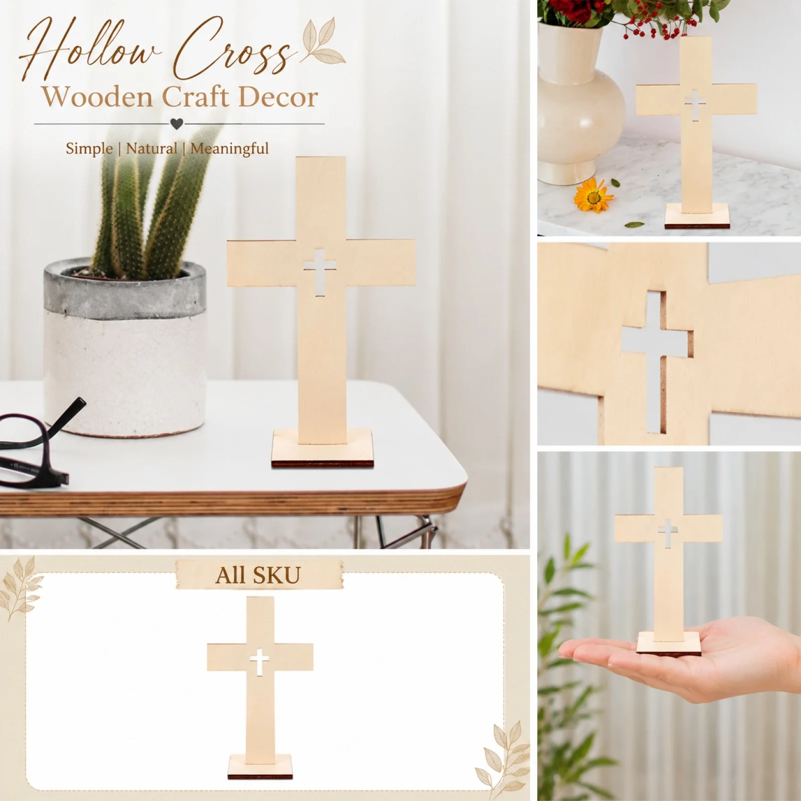 Hollow Carved Wooden Cross Ornament, Wooden Crosses Standing Christian Baptism Table Centerpieces First Communion Decor