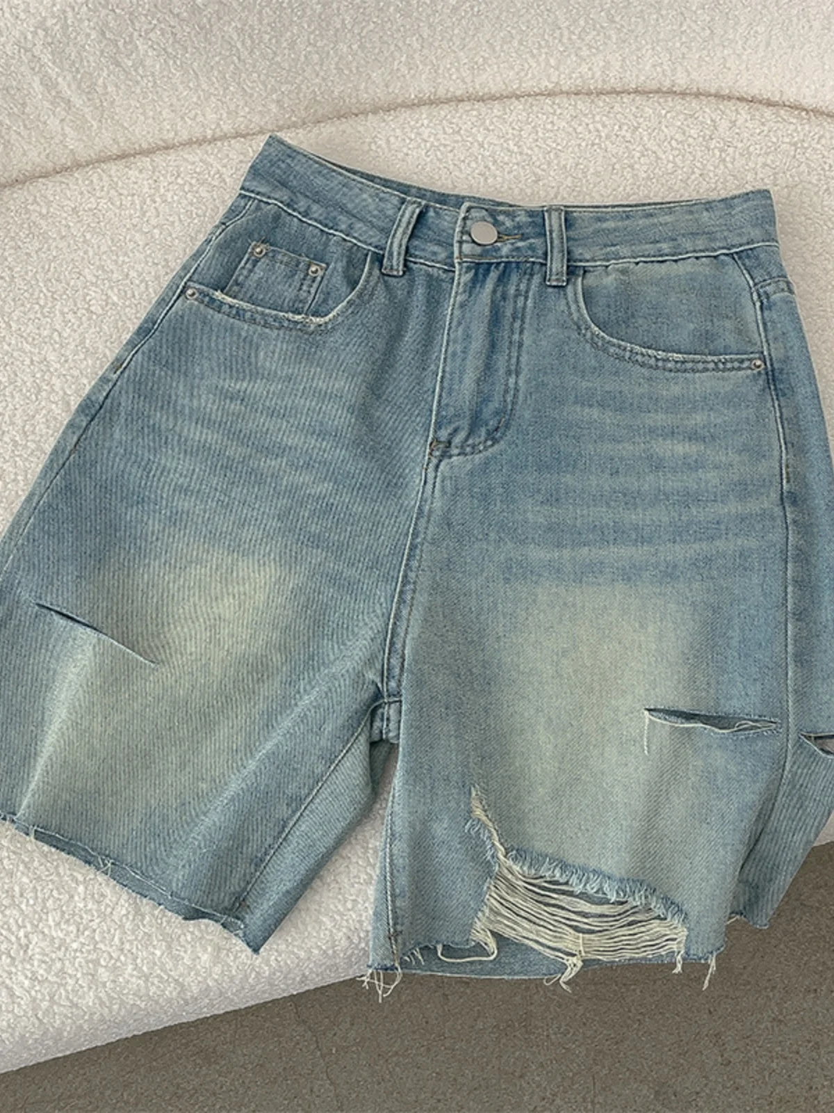 

Vintage Blue Denim Shorts Women Summer New High Waist Hole Short Jeans Leisure Loose Wide Leg Shorts Simple Ladies Shorts