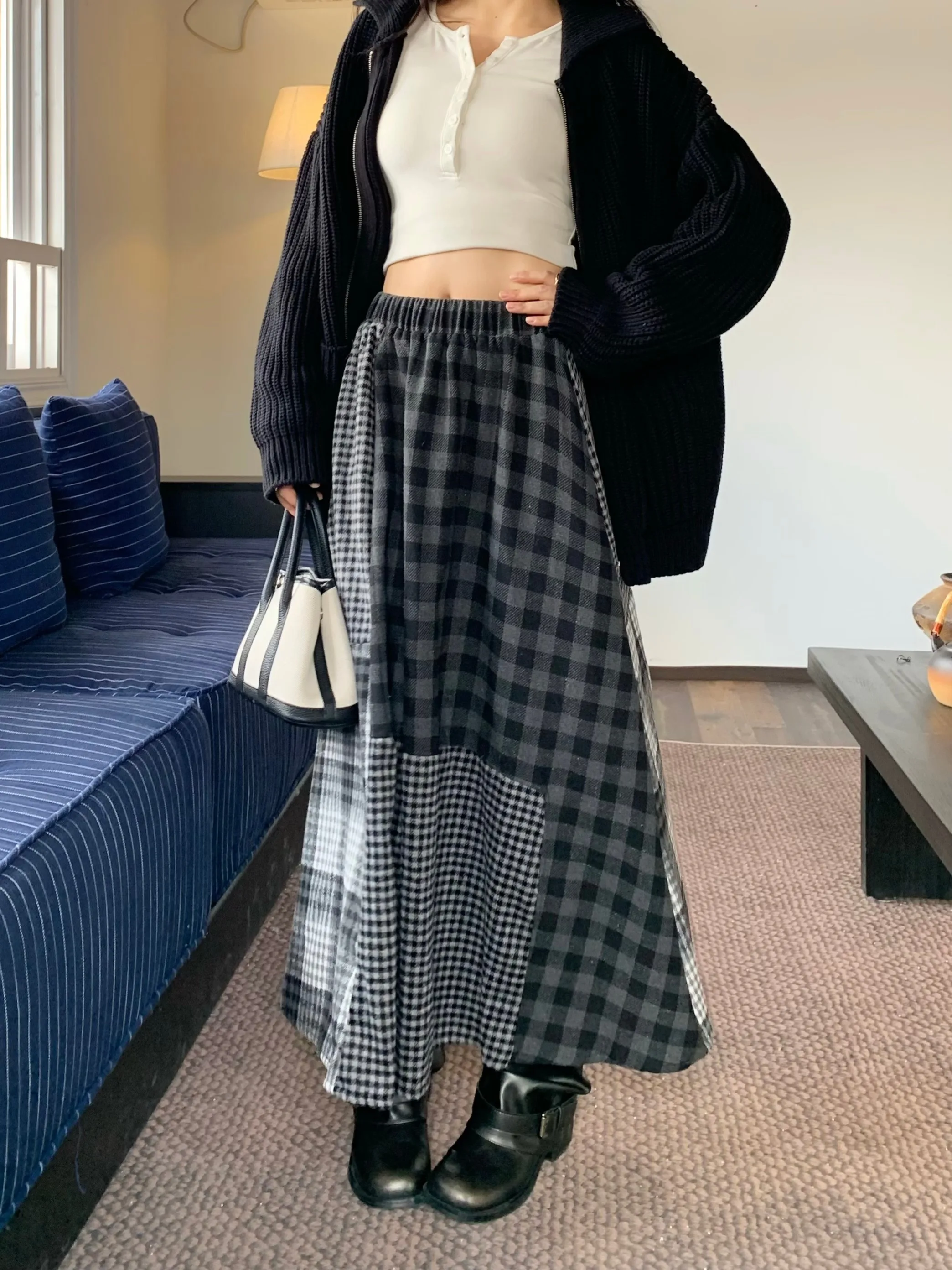 تنورة نسائية ريترو Y2k منقوشة من الصوف ميدي تنورة خريفية مرنة الخصر تنورة غير رسمية على شكل حرف a Harajuku Niche Preppy متعددة الاستخدامات