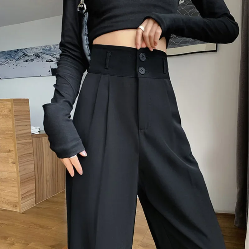 Black White Women Straight Pants Korean Fashion High Waist Wide Leg Trousers Ladies 2022 New Office Suit Casual Pants