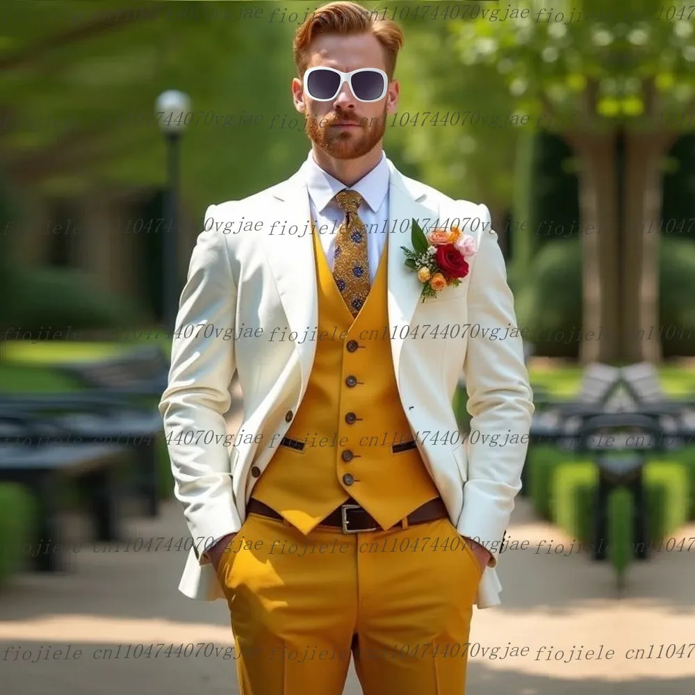 

White Dark Yellow Men Suit Formal Wedding Party Groom Groomsman Business Male Tuxedos Customized 3 Piece Set Jacket Vest Pants
