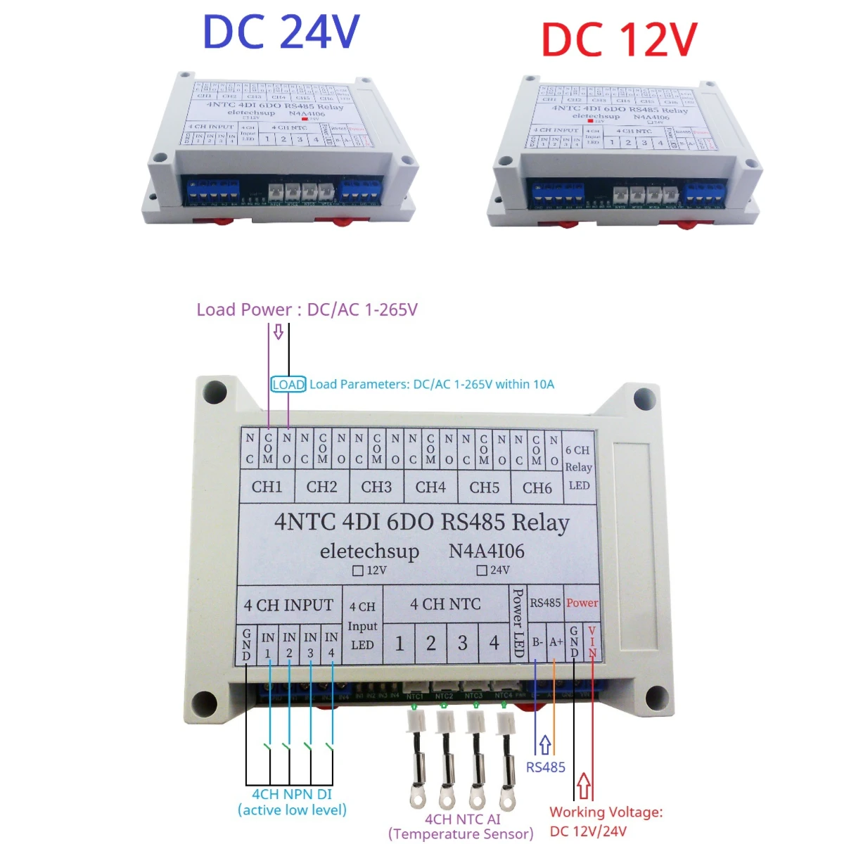 

DC 12V/24V 14Ch 4NTC-4DI-6DO RS485 Network Bus NTC Multi-function Temperature collector PLC IO expansion board