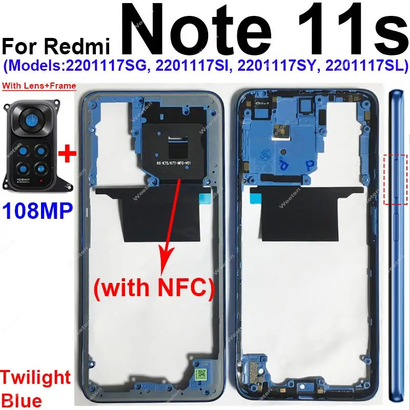 Middle Frame Housing For Xiaomi Redmi Note 11 Note 11S 4G Middle Cover Bezel Case Plate With/Without NFC Lens Frame Parts