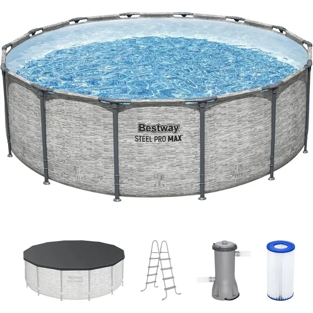 Round 14' x 48 Above Ground Swimming Pool with Filter Pump, Ladder, and Cover, Gray Stone Print