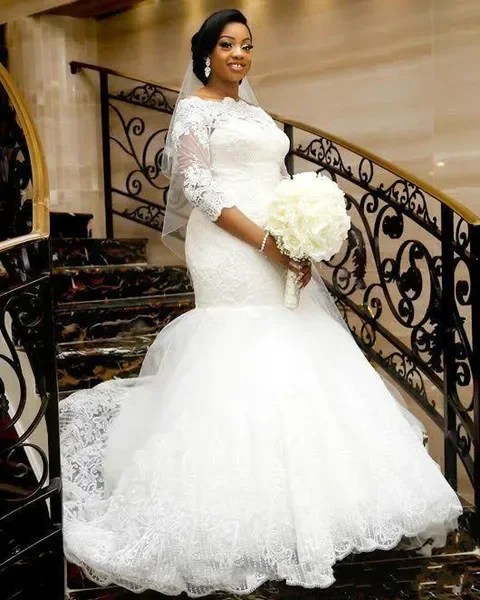 Customized African Black Girls Plus Size Wedding Dresses Lace 3/4 Long Sleeve Mermaid Gowns Cheap Bridal Gowns