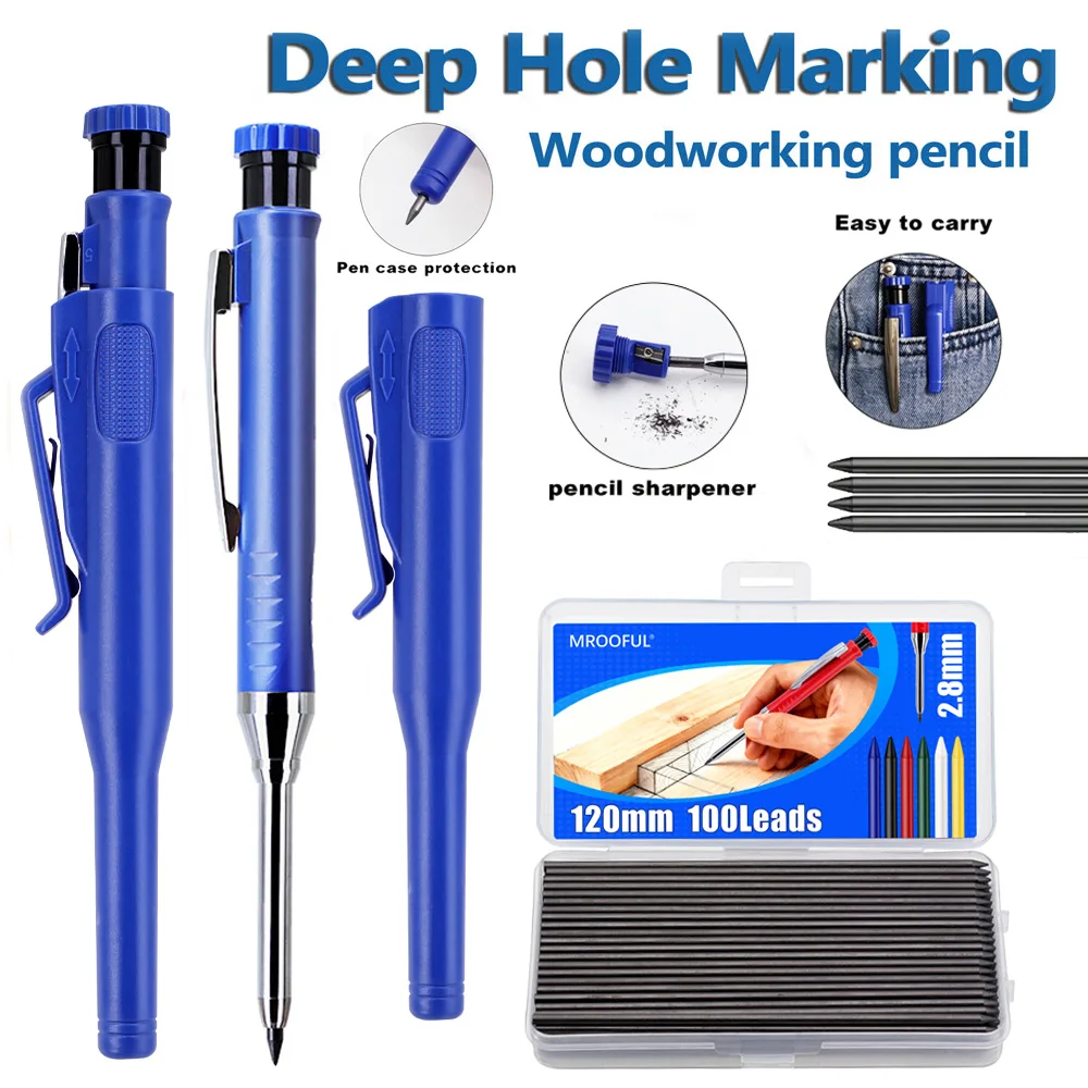 2.8mm Deep Hole Carpenter Mechanical Pencil Set with Protective Sleeve and 100 Leads, Woodworking Marking Scribe Marker Tool