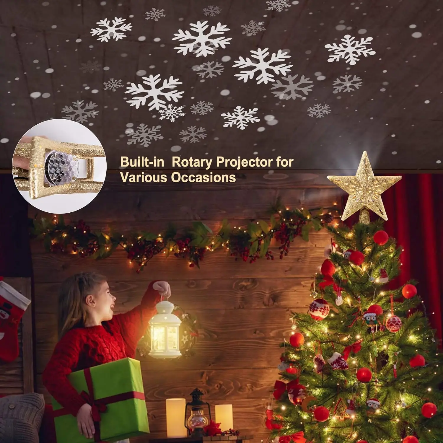 Christmas Tree Topper Projector Gold Star with Highlight LED Rotating Snowflakes and Santa Claus Projector Xmas Tree Top Decore