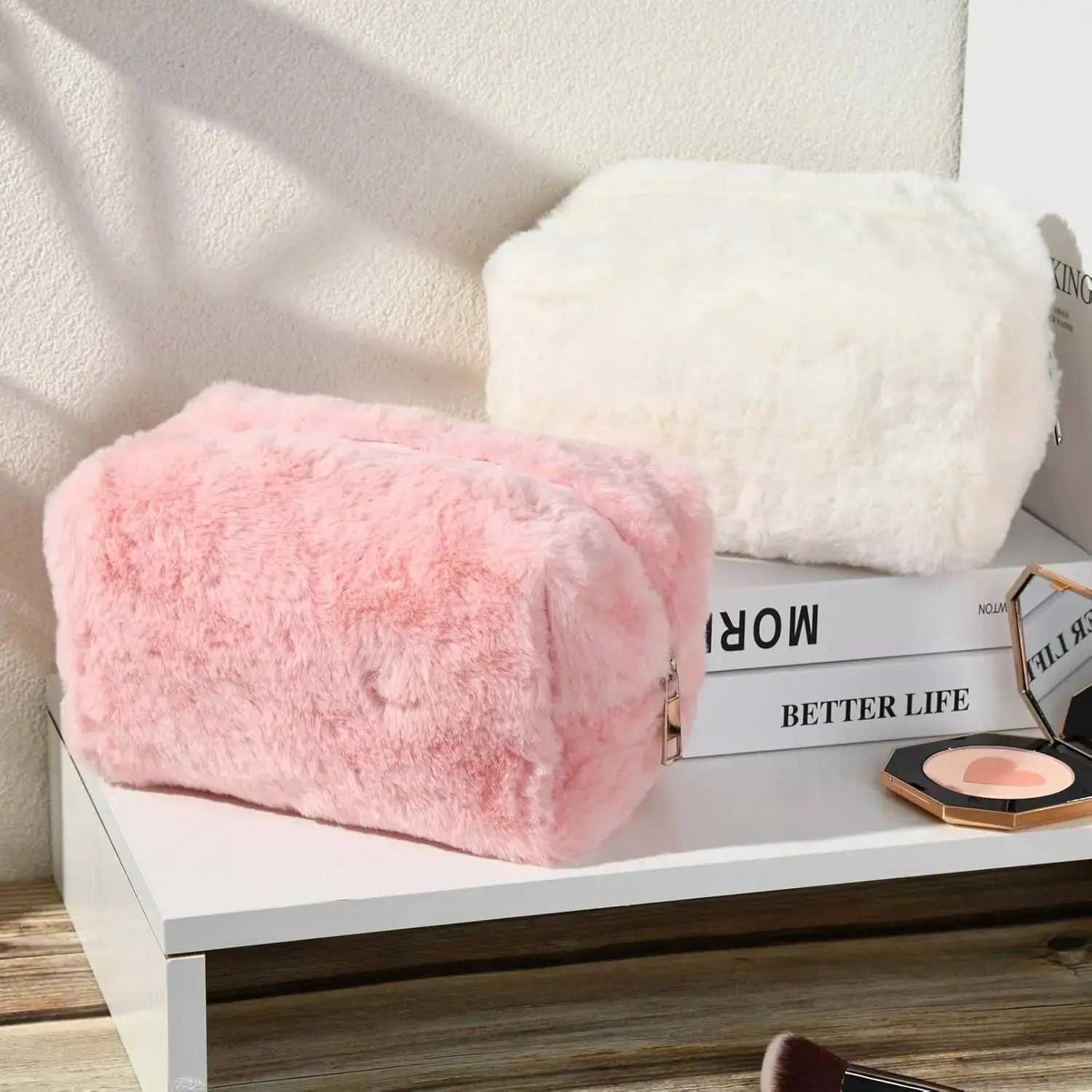 Makeup Bag Cute Cosmetic Bag Plush Pink White Makeup Pouch Travel Toiletry Bag Organizer Puffy Storage Bag for Women view 2