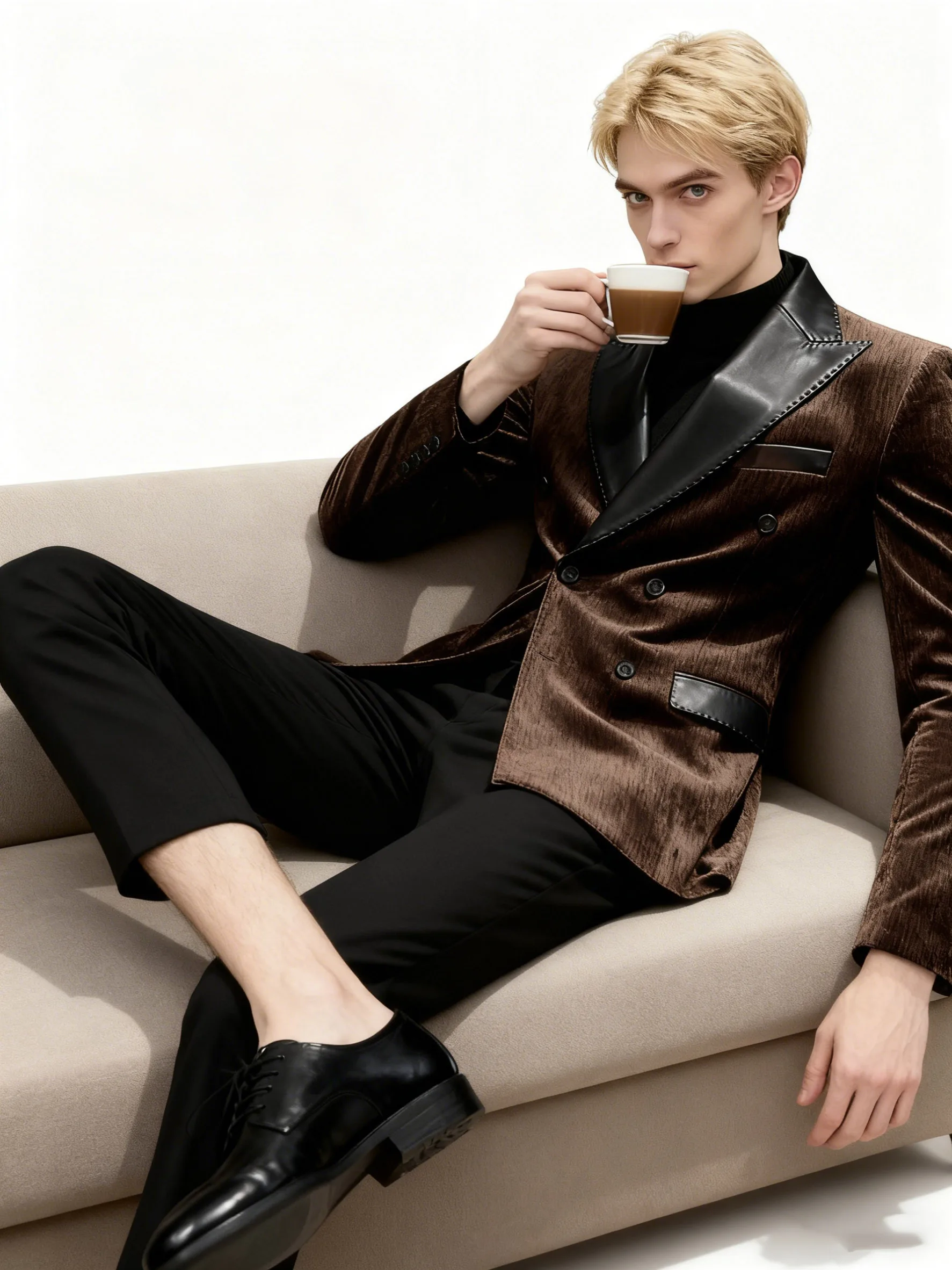 Męski, luksusowy, dwurzędowy żakiet w stylu brytyjskim, biznesowy, casualowy, ze skóry PU, z łączonym kołnierzem, płaszcz, strój na wesele/przyjęcie.