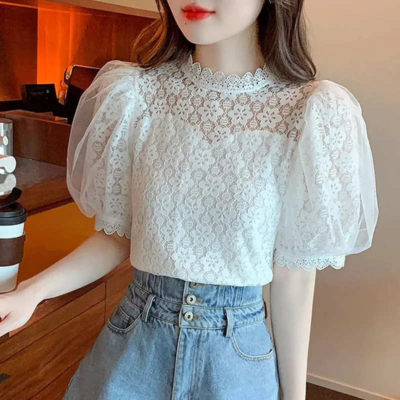 

Summer New Short Sleeve Blouse Women White Lace Blouse Shirt Women Tops Blusas Mujer De Moda 2024 Verano Blouses Shirts G443