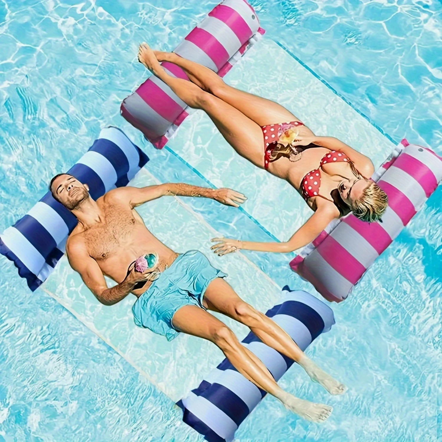 

2pcs Foldable Stripe Pattern Inflatable Swimming Bed, Water Floating Lounger, Suitable For Pool Party, Beach Entertainment