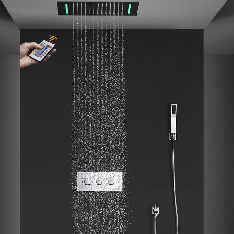 Ceiling Recessed LED Shower Rainfall Shower head Thermostatic 2 ways Mixer Bathroom 2023