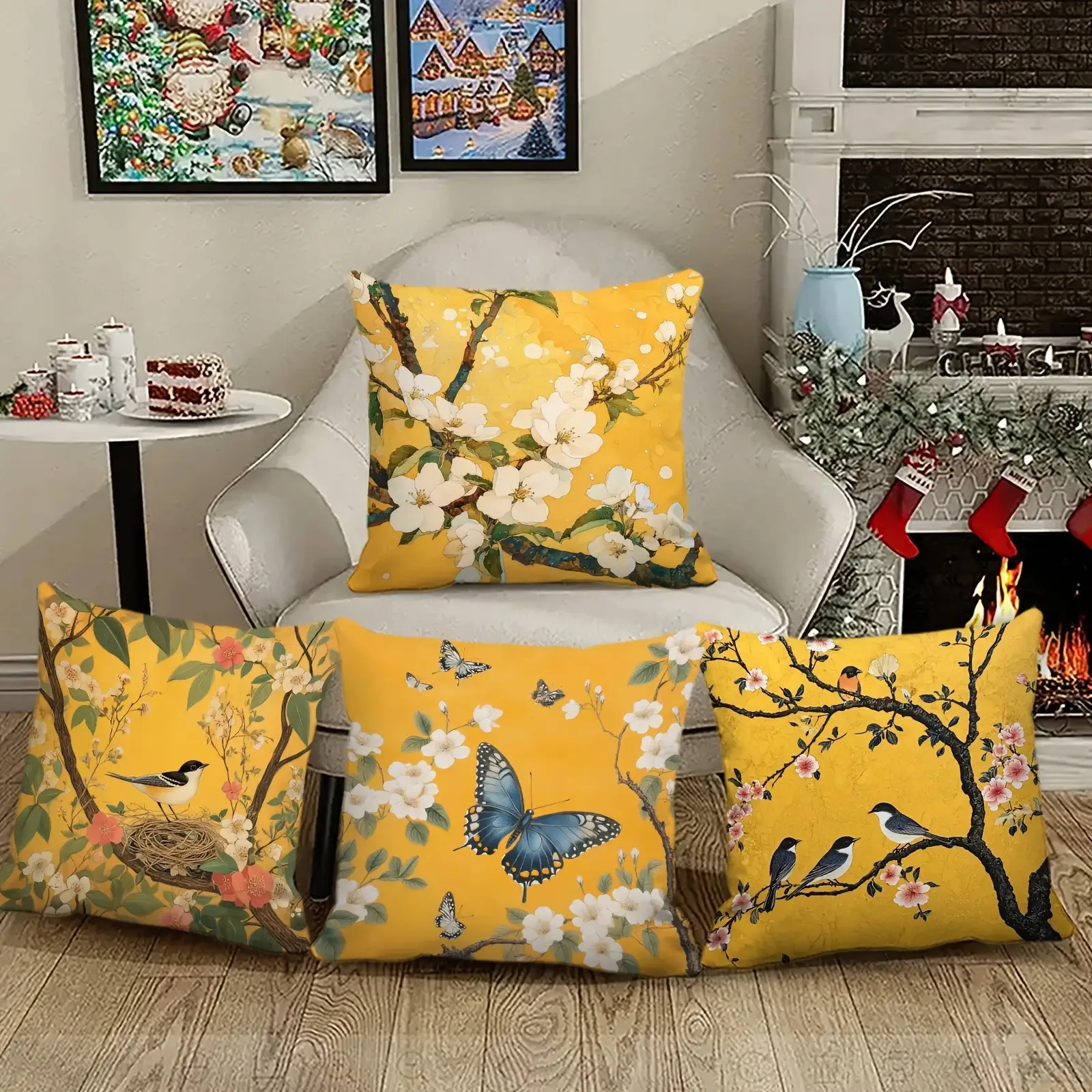 Anmutiger Kissenbezug mit gelbem Blumenmuster und Vogelmotiv, Digitaldruck, kurzer Plüsch, geeignet für Wohnzimmer, Schlafzimmer, Sofas, Dekokissenbezug