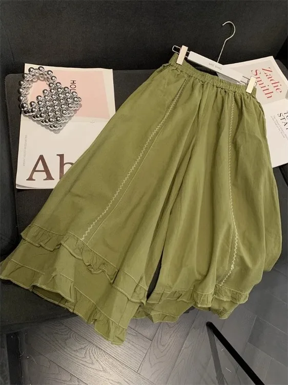 Spodnie z szerokimi nogawkami z haftem Ele, damskie, z wysokim stanem, luźne, codzienne spodnie-spódnica, koreański styl, do pracy, modne, na lato 2025