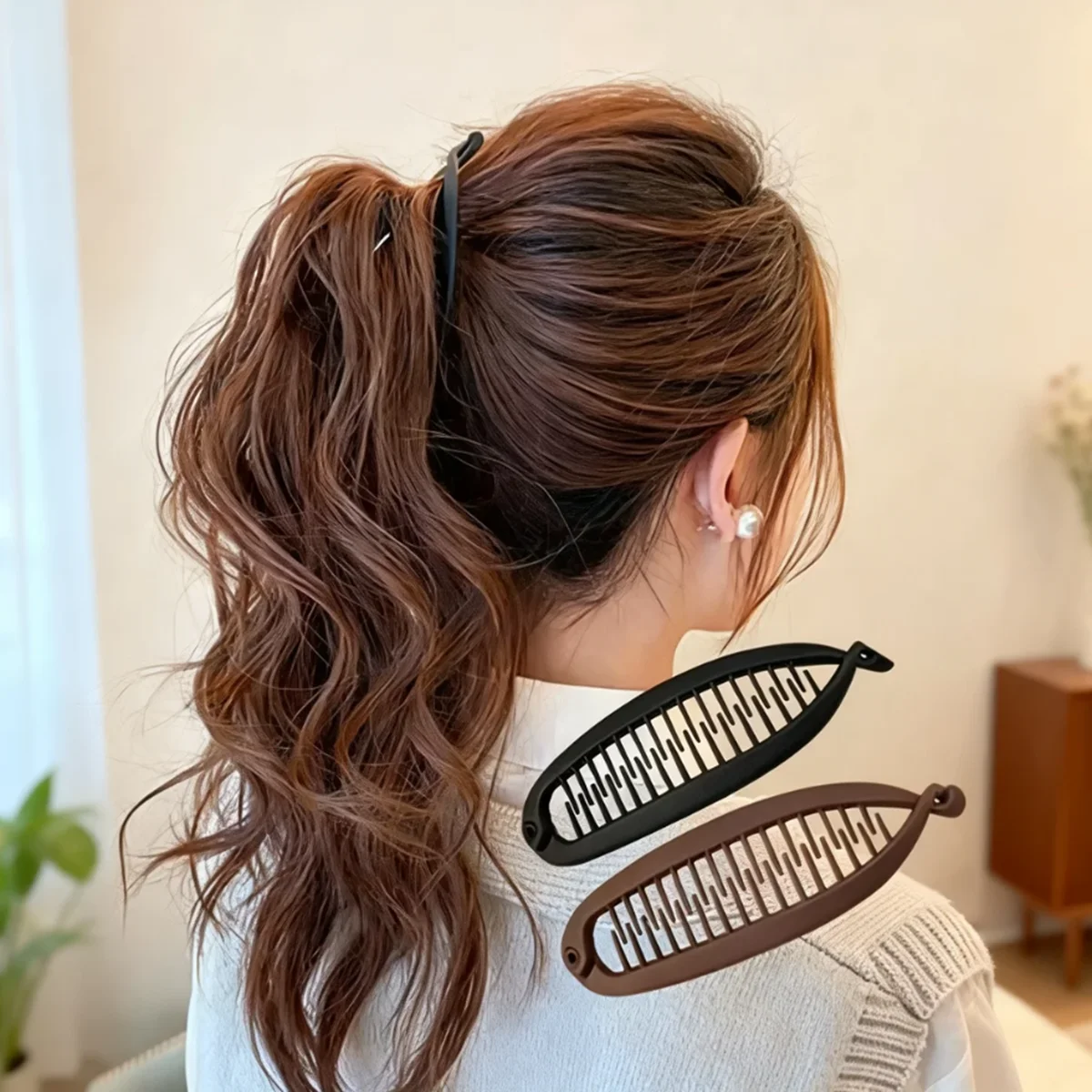 Pinza para el pelo grande de color ámbar, estilo banana, para cola de caballo, elegante, francesa, para la parte superior del cabello, pinza giratoria